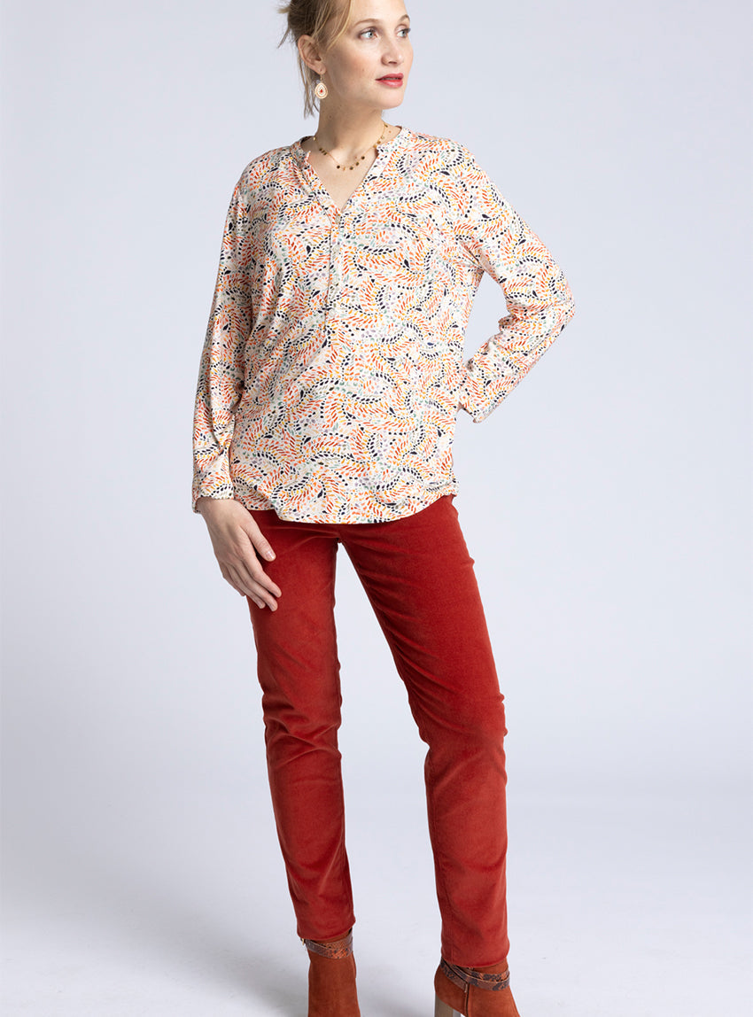 Pantalon femme en velours rouge brique