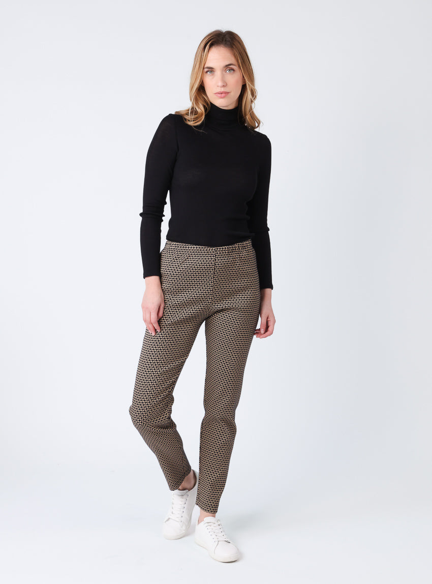 Pantalon femme stretch imprimé noir camel