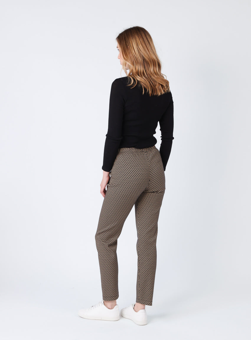 Pantalon femme stretch imprimé noir camel