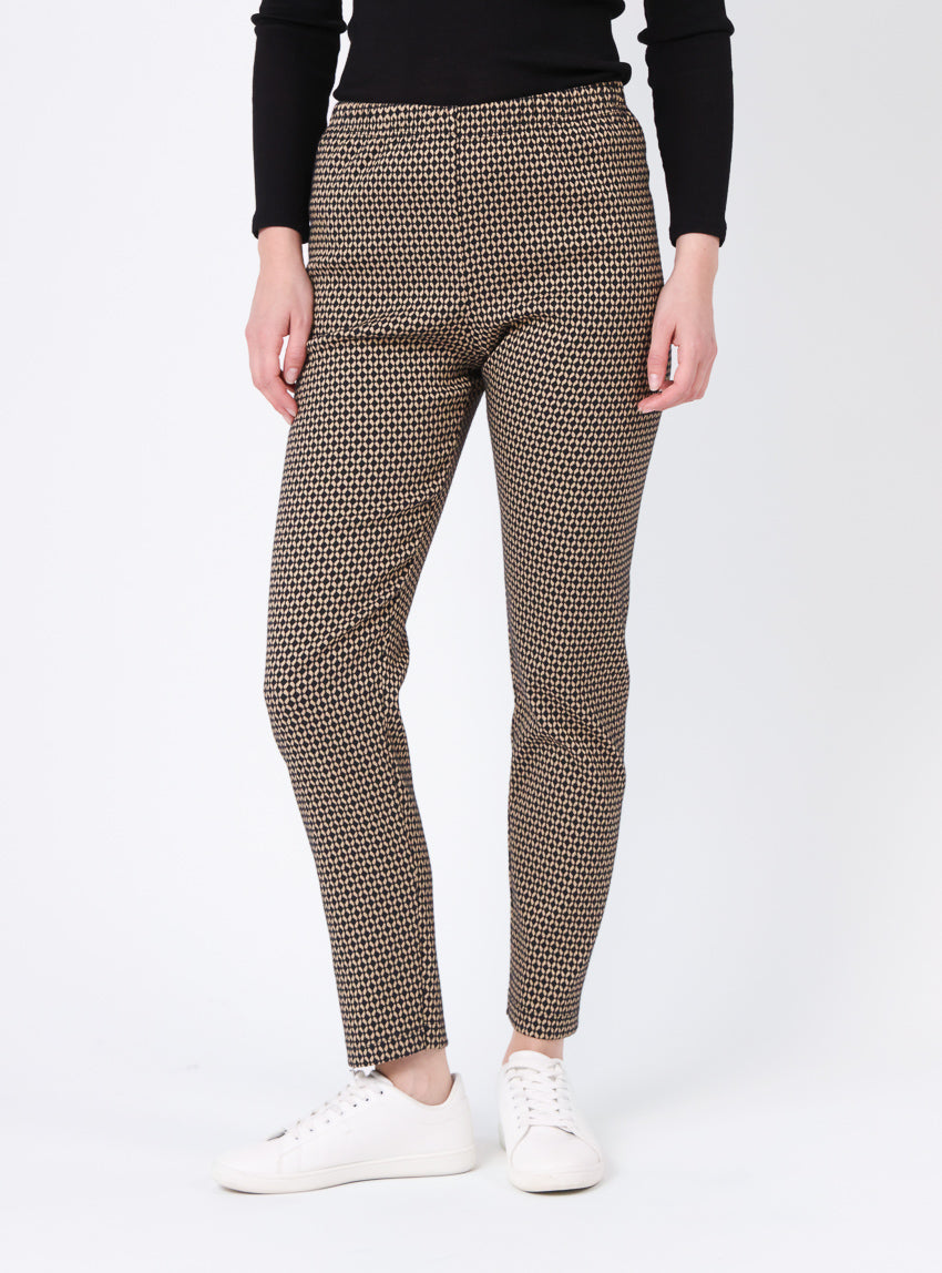 Pantalon femme stretch imprimé noir camel