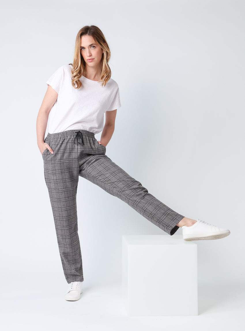 Pantalon femme carreaux gris en viscose