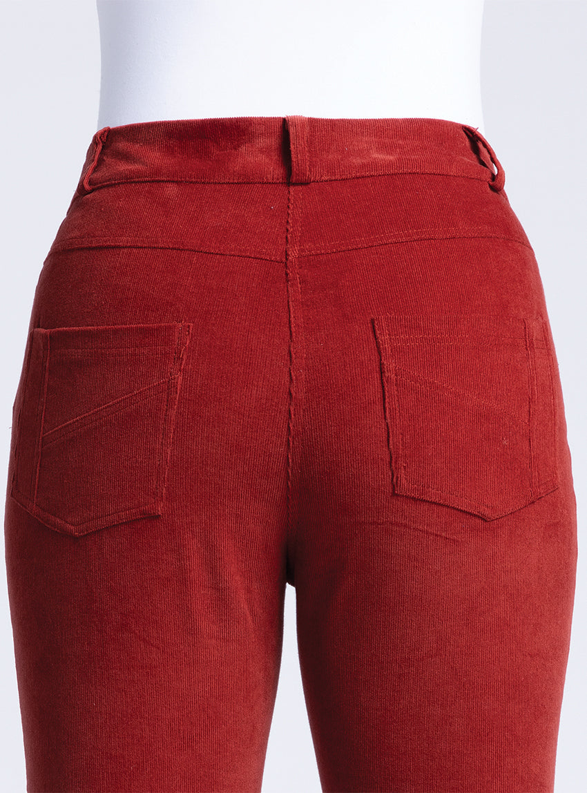 Pantalon femme en velours rouge brique
