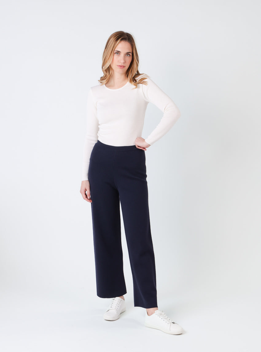 Pantalon femme en laine merinos bleu marine