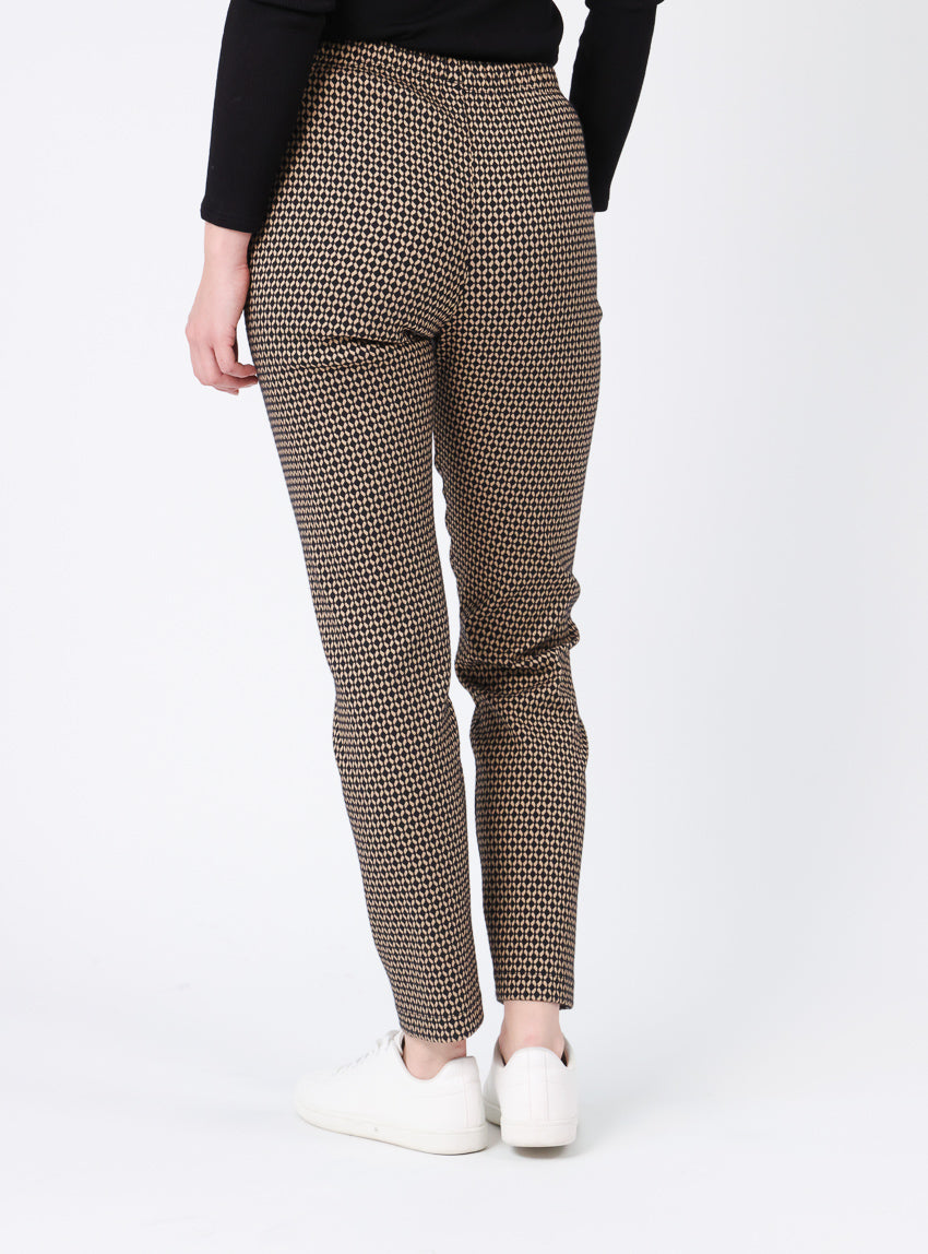Pantalon femme stretch imprimé noir camel