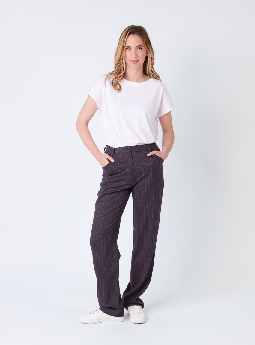 Pantalon femme violet prune rayé