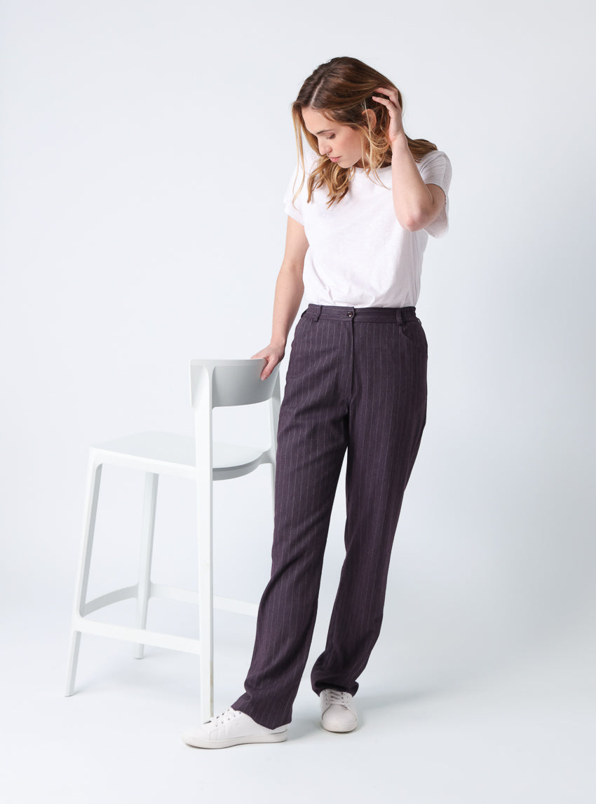 Pantalon femme violet prune rayé